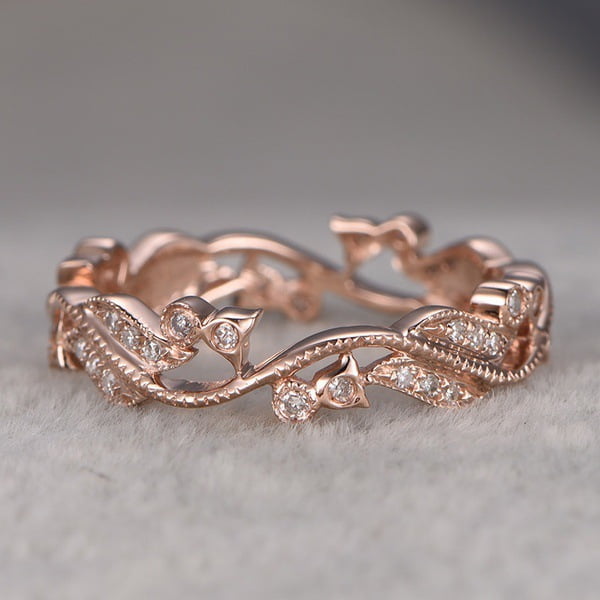 Women s Lucky Flower Vine Leaf Diamond Plated 14 K Rose Gold Ring