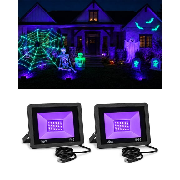 2 pack 30W Blacklight Flood Light for Halloween, LED UV Fluorescent Decor, 120V Wired Waterproof Landscape Lights with Plug for Patio Party Body Paint