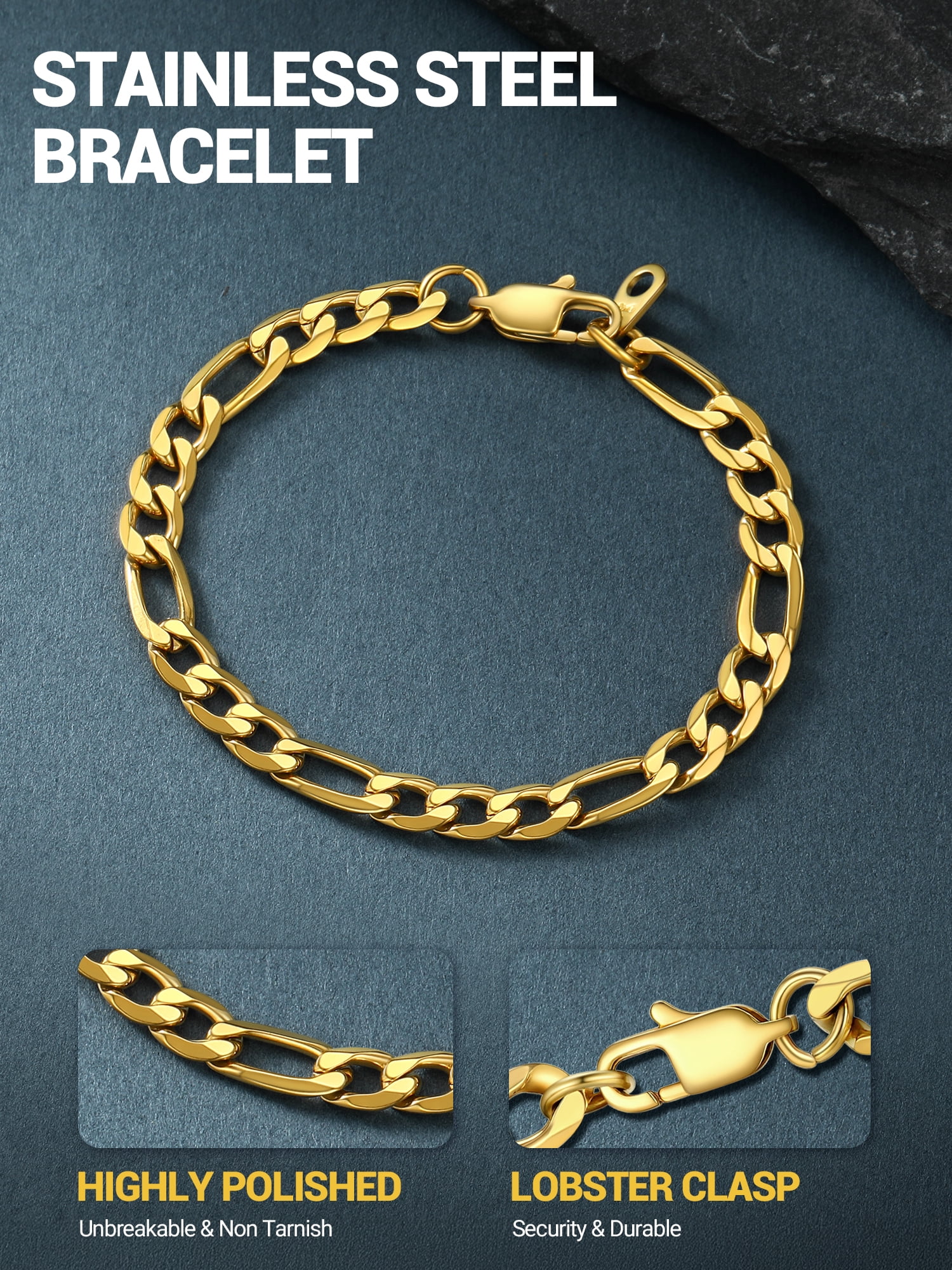 PROSTEEL Bracelet for Men Women Stainless Steel Gold Plated Figaro Chain Wrist Link Bracelets 6MM 7.5 inch Birthday Birthday Father Day Jewelry Gift for Him Dad Son Adult Age