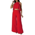 thumbnail image 2 of Summer Savings Clearance! Edvintorg 2 Piece Chiffon Outfits For Women Sexy Sleeveless Crop Top High Waist Wide Leg Long Pants Sets Elegant Matching Sets For Women Summer Red S, 2 of 7