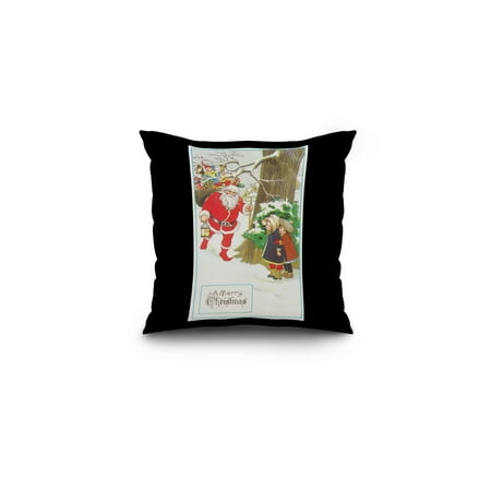 Black Scene Kids - A Merry Christmas Scene with Santa and Kids (16x16 Spun Polyester Pillow, Black Border)