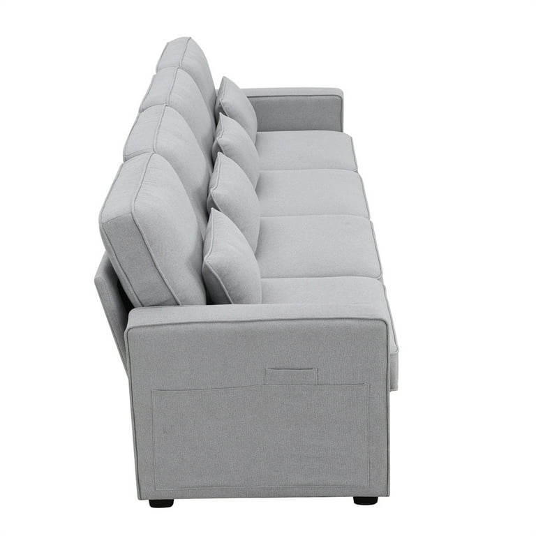 4-Seater Modern Linen Fabric Sofa with Armrest Pockets - Light Grey