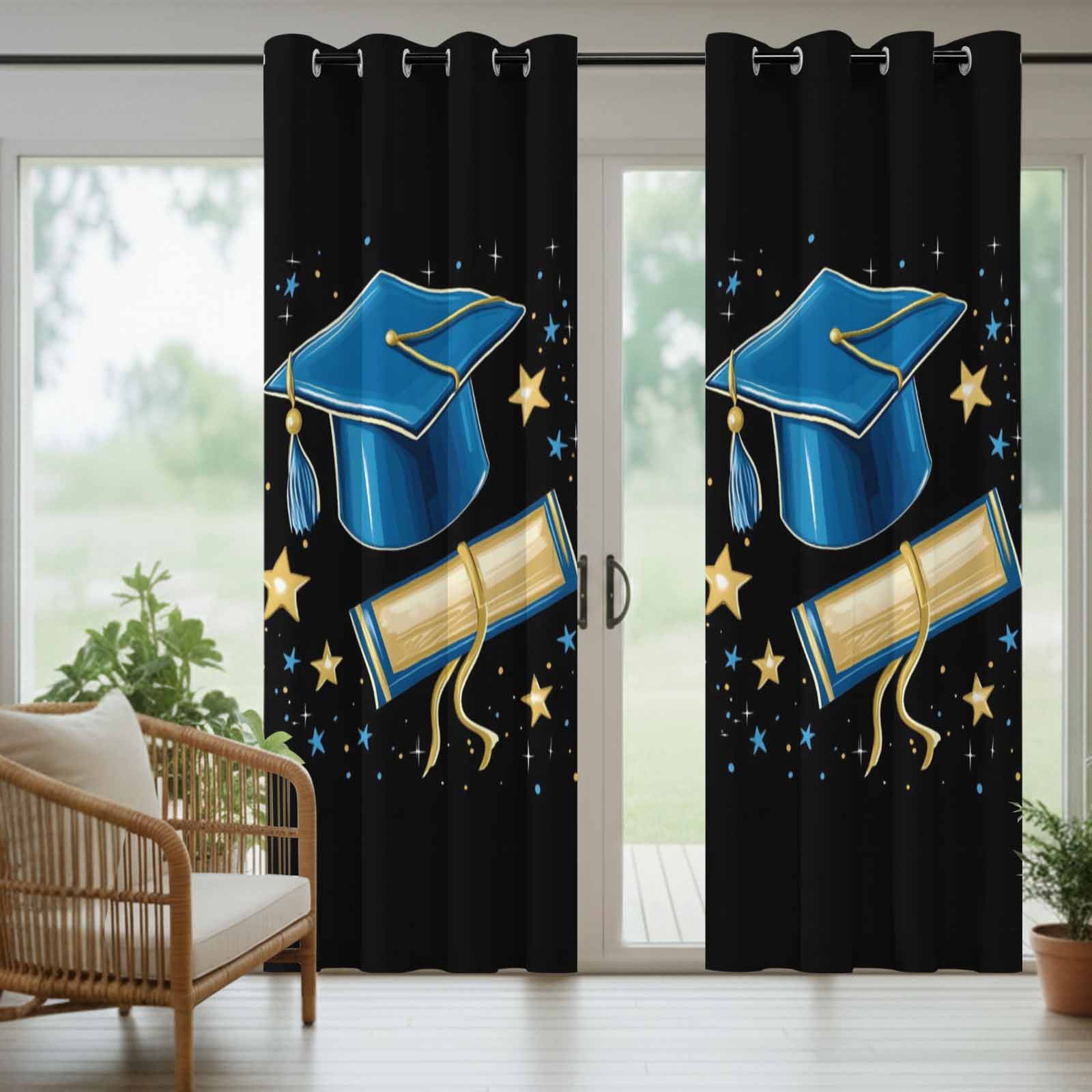 Blue Graduation Cap Outdoor Curtains for Patio, Diploma Yellow Sparkling Stars Abstract Tassels Black Sunshade Privacy Drapes Grommet Waterproof Outside Curtains for Porch Balcony 54"x108", 1 Panel