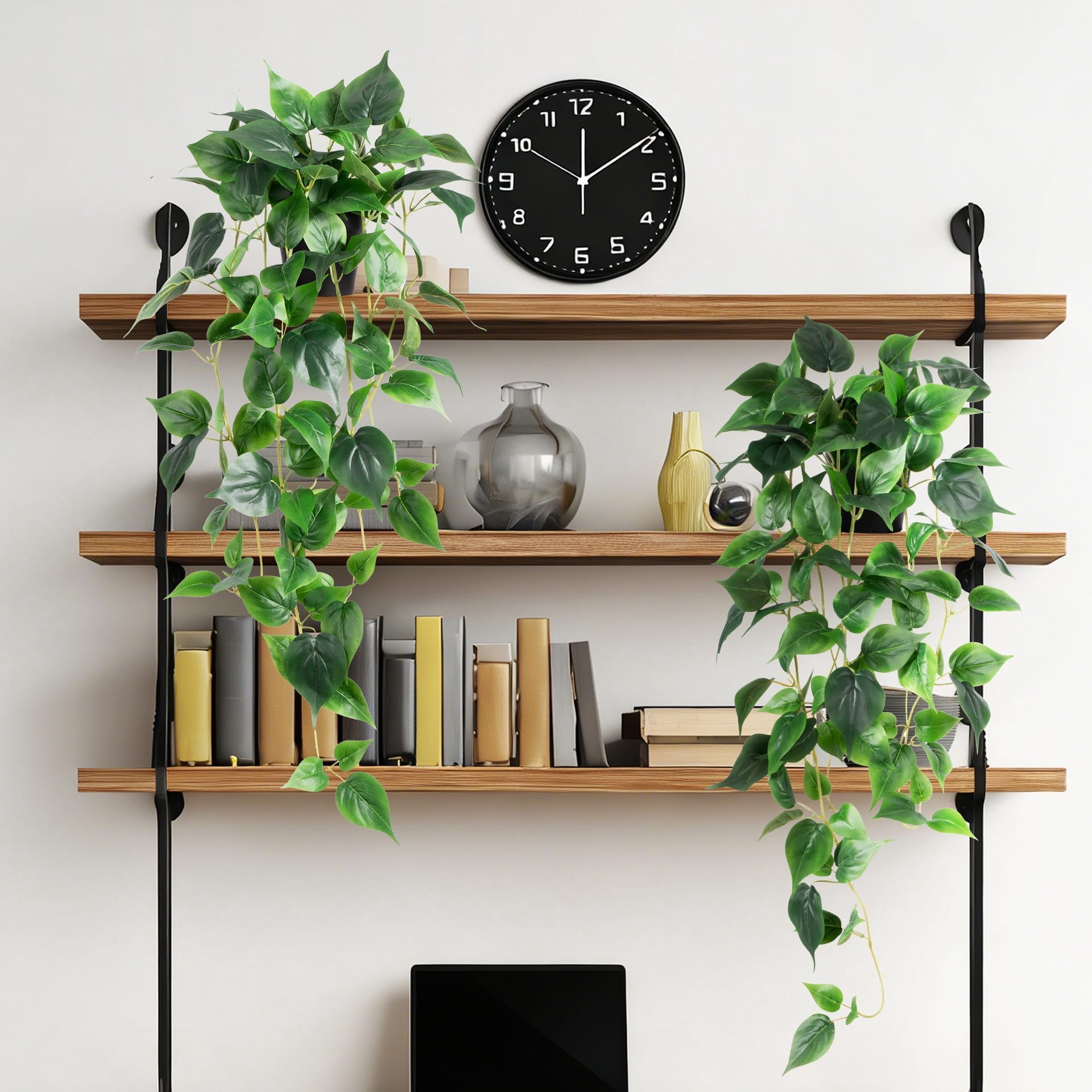 Fake Hanging Plants with Pots - Realistic Artificial Plant for Indoor Outdoor, 33In Silk Fake Potted Plants, 2PC Faux Ivy Vine for Shelf Tabletop Office Decor, Dark Green