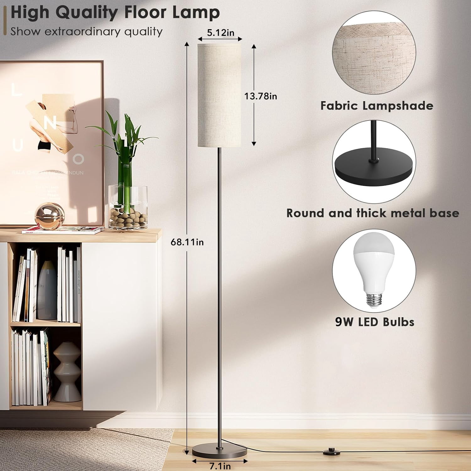 BN-LINK Dimmable Floor Lamp with 3 Color Temperatures, Standing Lamp with LED Bulb Included, Tall lamp for Living Room, Bedroom, Office