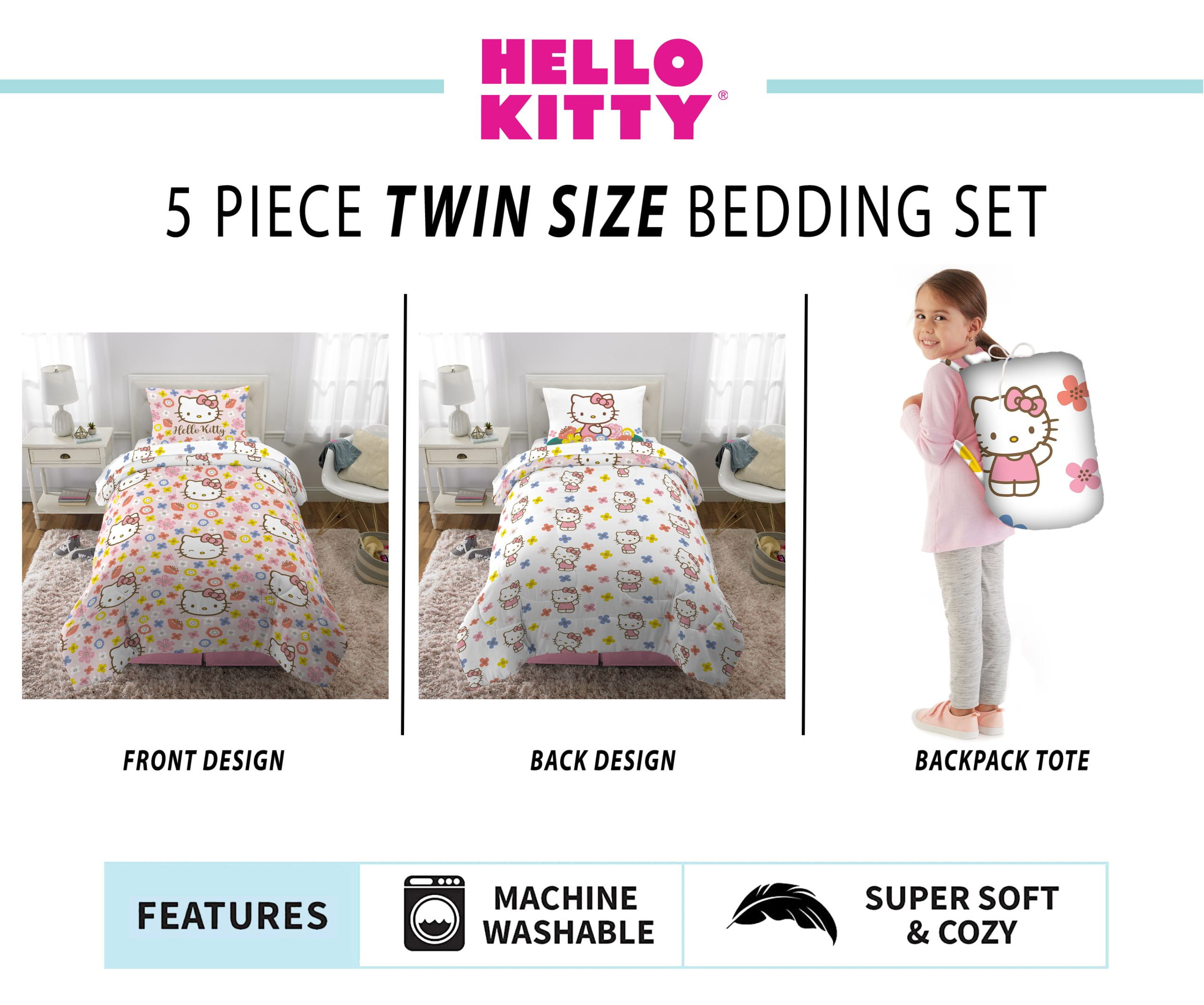 Hello Kitty Kids Twin Bed in a Bag, 5Pc Bedding Set, Comforter and Sheets with Bonus Tote