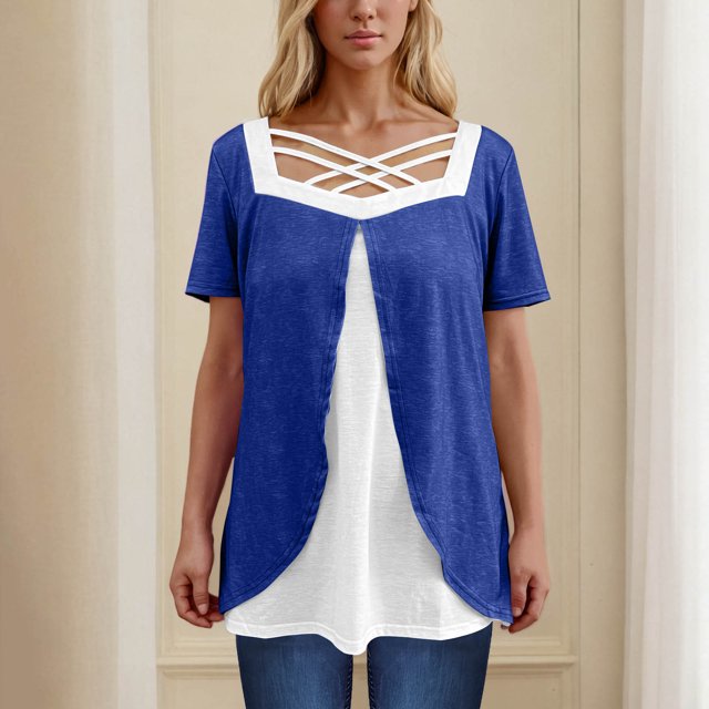 Jienlioq Hauts d'Été pour Femmes, Haut à Manches Courtes Col en V à Blocs de Couleur Grande Taille Bleu Foncé TTTTG