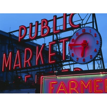 View of Public Market Neon Sign and Pike Place Market, Seattle, Washington, USA Print Wall Art By Walter (Best Places To Kiss In Seattle)