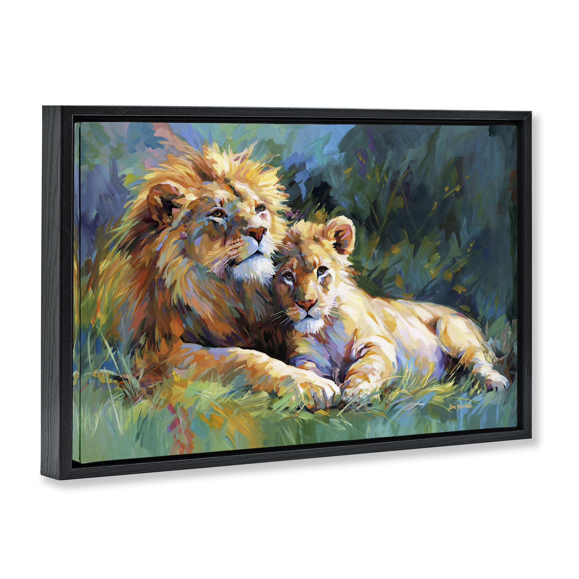 Stupell Industries Lion's Embrace Portrait Animals & Insects Painting Black Floater Framed Canvas Art Print Wall Art, 31 x 21