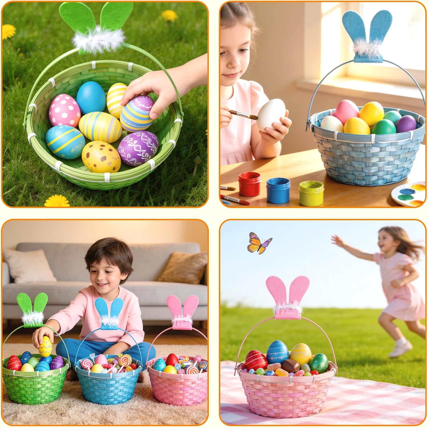 3 PCS Easter Bamboo Baskets Gift with Bunny Ears and Handle, Bunny Easter Basket Woven Easter Eggs Hunting Bucket, Wicker Candy Toys Storage BucketBaskets with Handle for Picnic, Party Favors