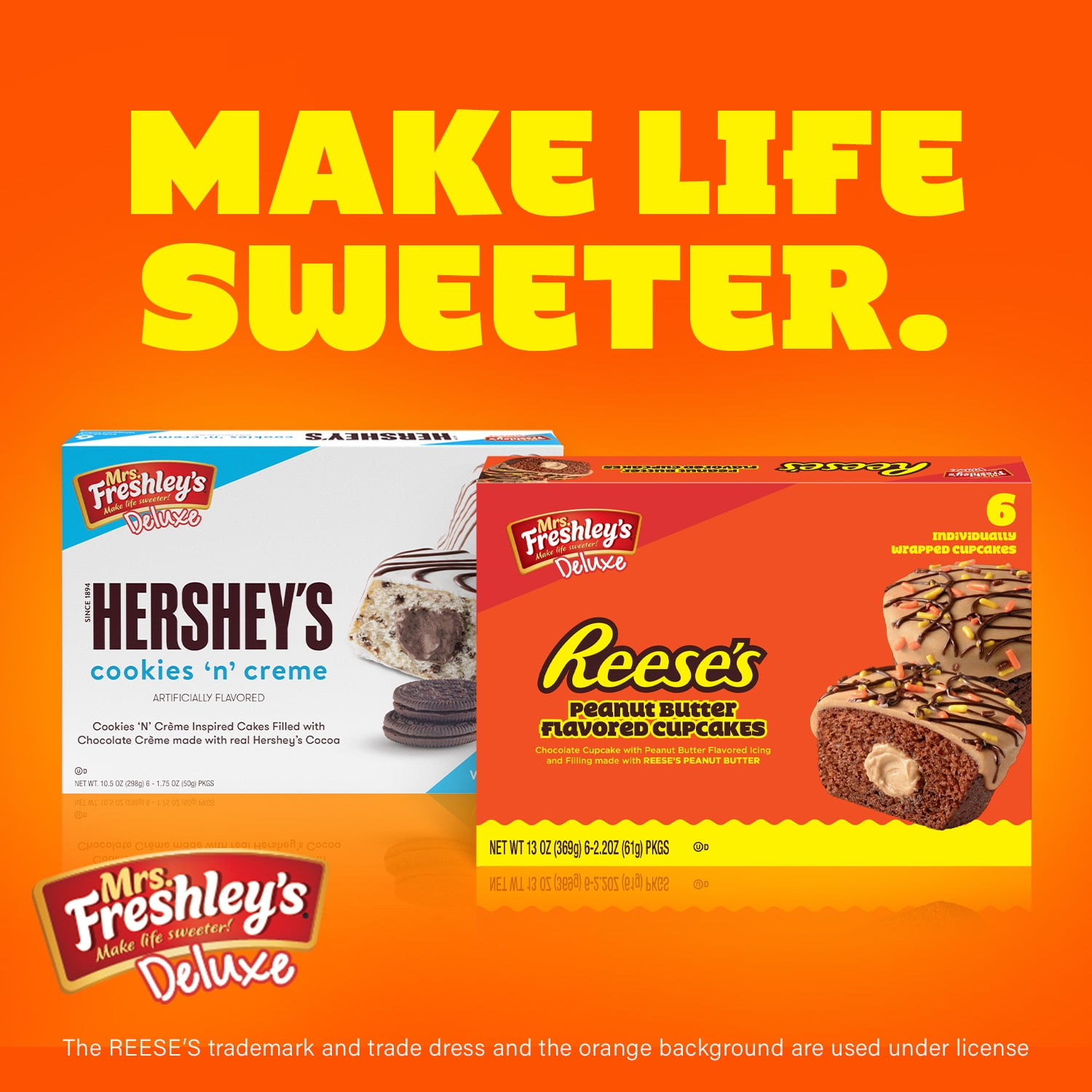Mrs. Freshley's Deluxe Reese's Peanut Butter Cupcakes, 6 Count, 6 Individually Wrapped Snack Cakes, Shelf-Stable