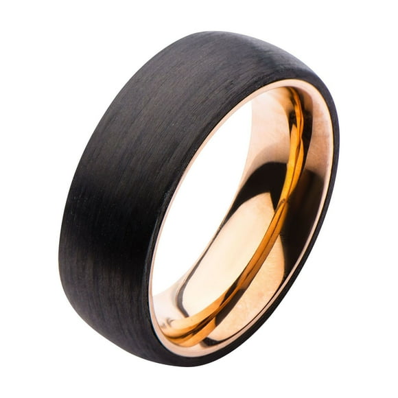 Inox Solid Carved Carbon Graphite Band on IP Rose Gold Stainless Steel Ring. Available Sizes: 9 - 12
