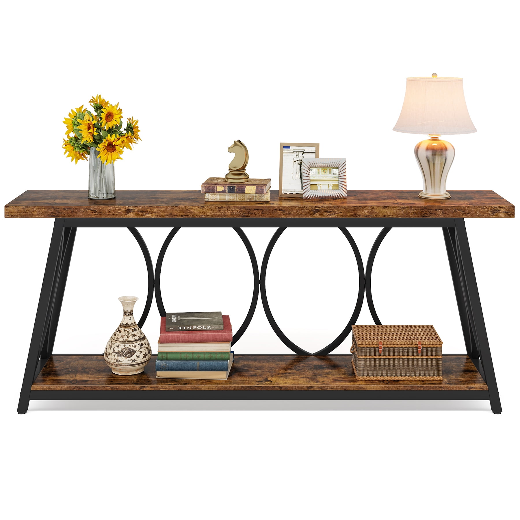Fnova 70.87" Extra Long 2-Tier Console Table, Industrial Sofa Table with Decorative Circular Metal Frame,  Entryway Hallway Behind Couch Storage Console