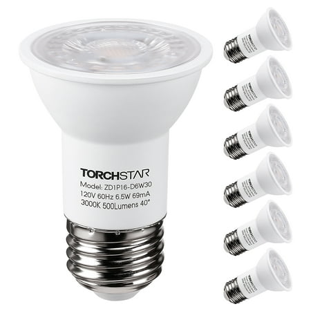 

TORCHSTAR 6-Pack LED PAR16 Spot Light Bulbs 6.5W(50W Eqv.) 500lm E26 Medium Base Dimmable Spotlight 40° Beam Angle UL & Energy Star Listed Track Light Bulb 3000K Warm White