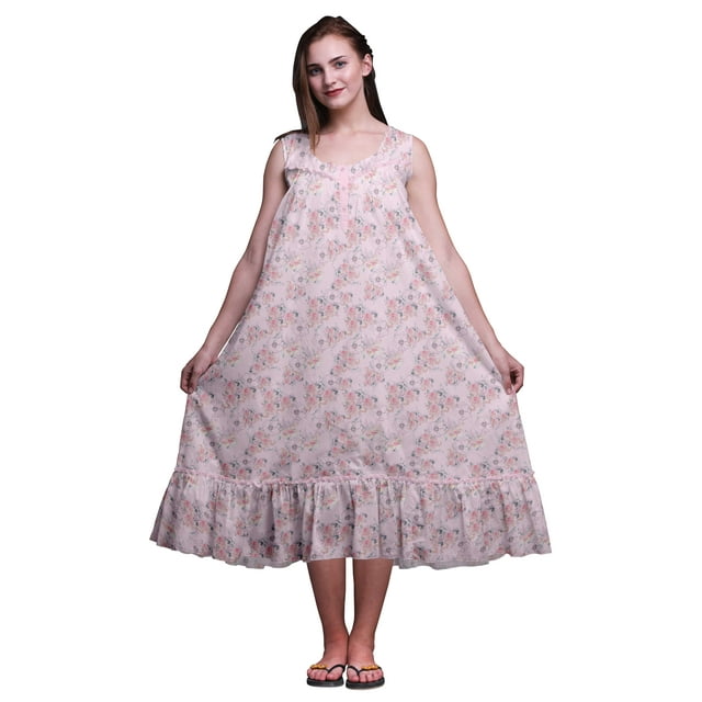 Bimba Robe de Nuit Sans Manches Pig Pink2 à Feuilles Florales et Roses pour Femmes, Coton Imprimé, Vêtement de Nuit pour Dames, Tenue de Sommeil, Moyen