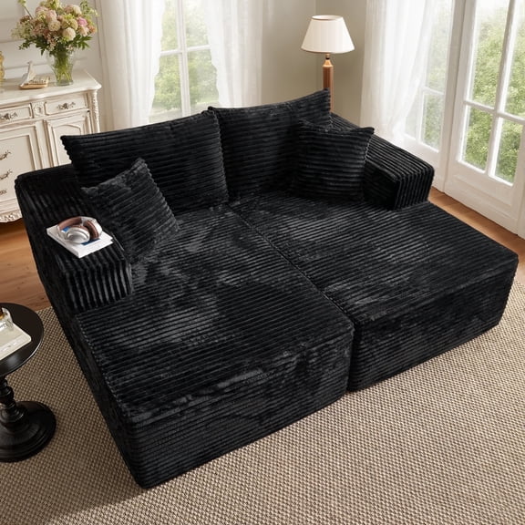 XIZZI Oversized Chaise Lounge Chair Indoor Double, Modular Sectional Sofa with Plush Corduroy, Sleeper Sofa Boneless Couch for Living Room Bedroom, No Assembly Required, Black