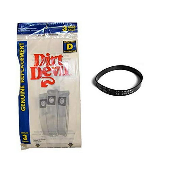 Replacement Part For Dirt Devil Vacuum Cleaner 3670147001 Three Paper Bags with 1720410001 One Flat Belt Models 085300, 085335, 085355, 085360, 085400, 085435, 085470, 085480, 085500, 085520