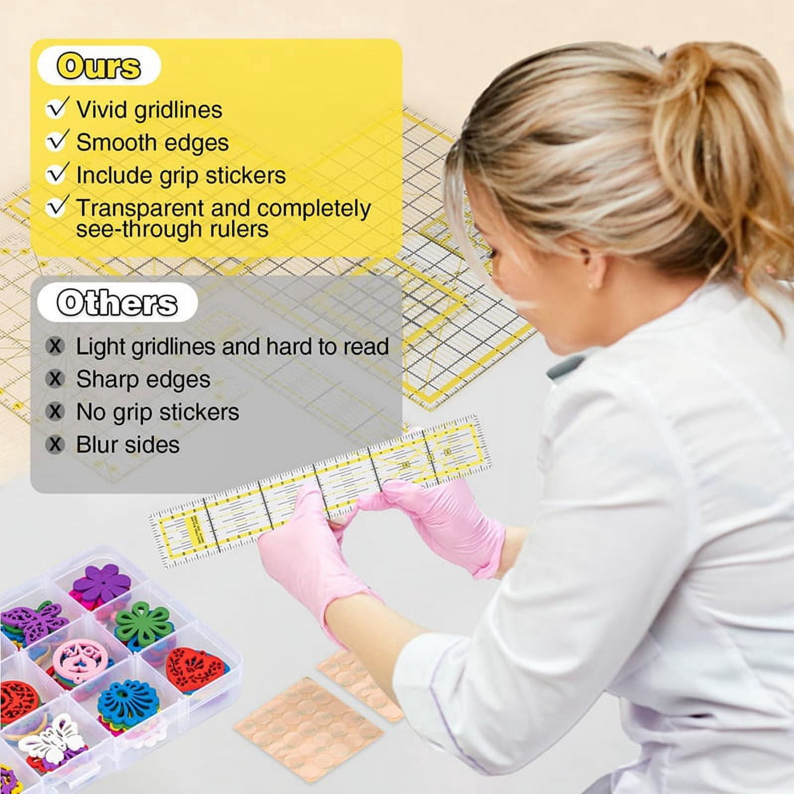 Acrylic Quilting Ruler Set with Double-Colored Grid Lines, Clear Mark Square Ruler Quilting Templates for Sewing,Drawing,6 x quilting rulers 50 x non slip rings