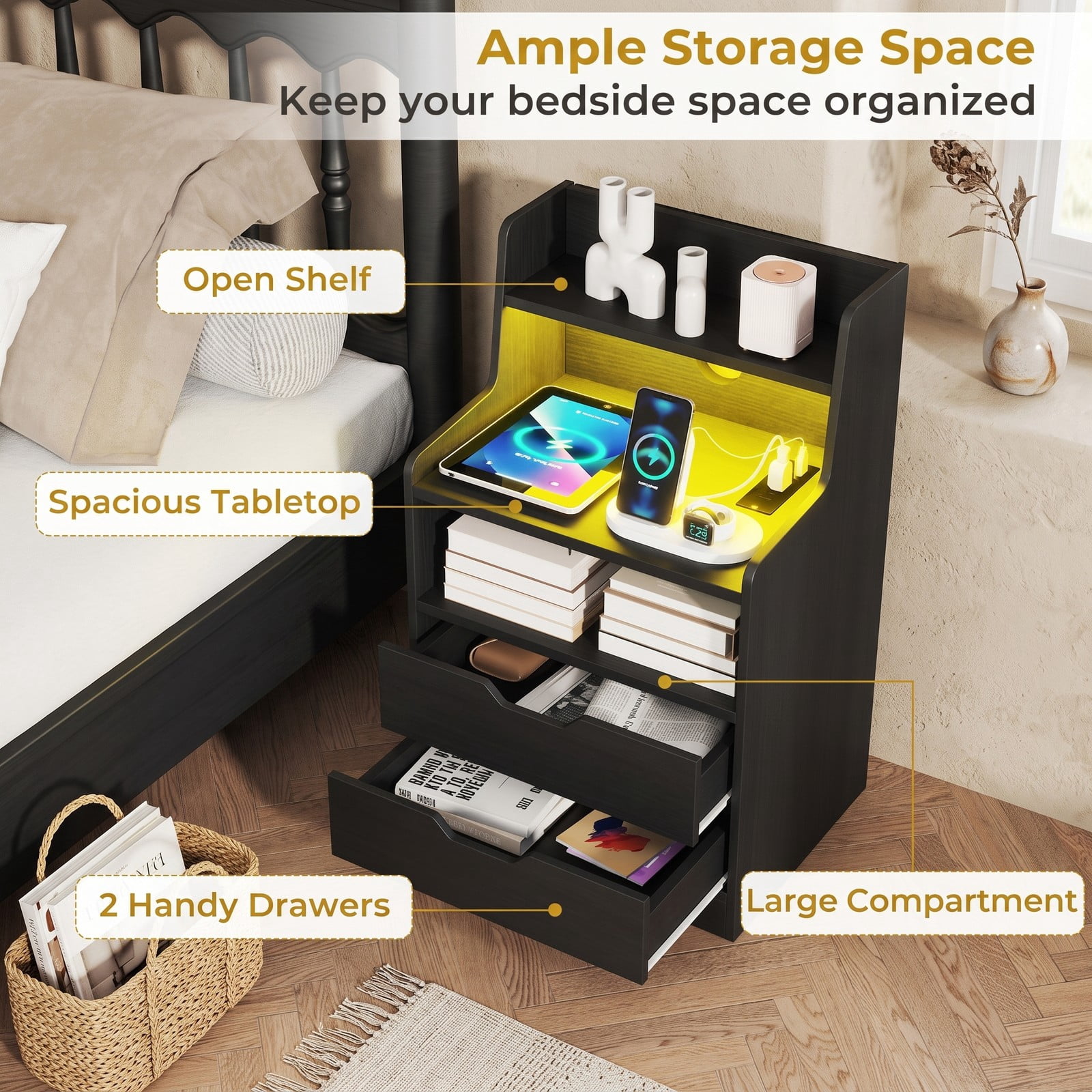 Furnibear Nightstand with RGB LED Light and Charging Station and 2 Drawers for Bedside Storage in the Bedroom and Living Room, Black
