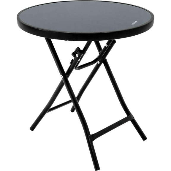 Garsing Outdoor Patio Round Side Table, Folding Bistro Table with Tempered Glass Tabletop, Compact Small Foldable Coffee Desk for Outside Use, Black