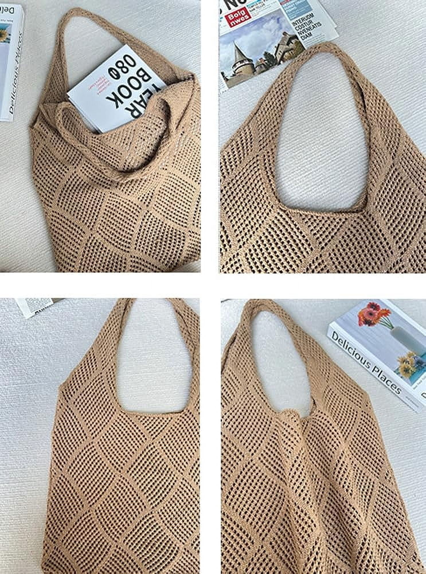 Kukuzhu Women Crochet Shoulder Bag Crochet Mesh Tote Bag Knit Hobo Bag Aesthetic Shoulder Handbag Woven Shopping Bags