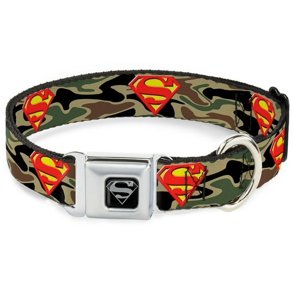 DC Comics Pet Collar, Dog Collar Metal Seatbelt Buckle, Superman Shield Camo Olive, 11 to 16.5 Inches 1.0 Inch Wide