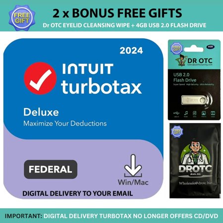 TurboTax Deluxe 2024 Tax Software - Federal Return & Federal E-File [PC/MAC Download] - BONUS FREE Dr OTC USB Drive 4GB