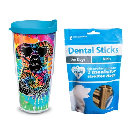 Tervis Project Paws Tie Dye Dog with Sunglasses 24 oz Tumbler with turquoise lid with Dental Sticks Minis