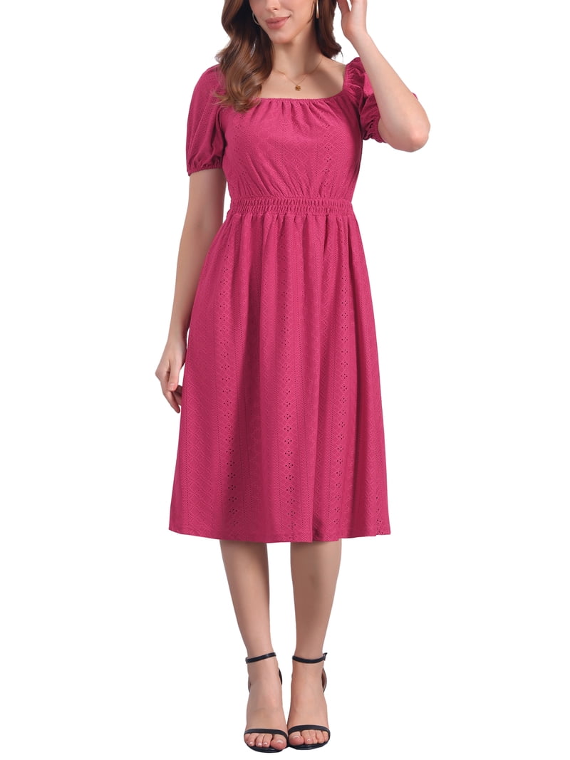 Inspire Chic Women's Eyelet Dresses Square Neck Short Puff Sleeve Casual A Line Summer Midi Dress XL Dark Hot Pink Inspire Chic Women's Eyelet Dresses Square Neck Short Puff Sleeve Casual A Line Summer Midi Dress XL Dark Hot Pink