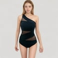 thumbnail image 2 of Women's One Shoulder One Piece Swimsuit with Sheer Mesh Cutout Panels and Asymmetrical Design - Large, Black, 2 of 7