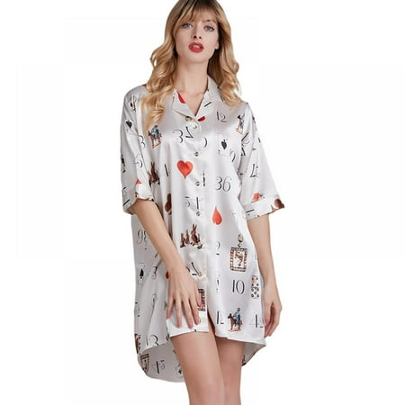 

Women s Nightgown Button Down Sleepshirt Satin 3/4 Sleeve Nightshirt Boyfriend Notch Collar Sleepwear