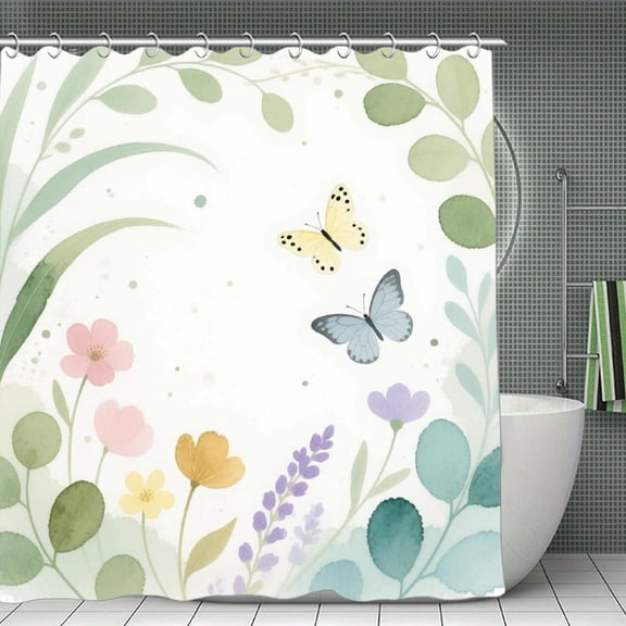 Sage Green Leaf Floral Butterfly Print Shower Curtain,Modern Fabric Waterproof Shower Curtain Set with Hooks 70.8×70.8Inch (180×180cm)