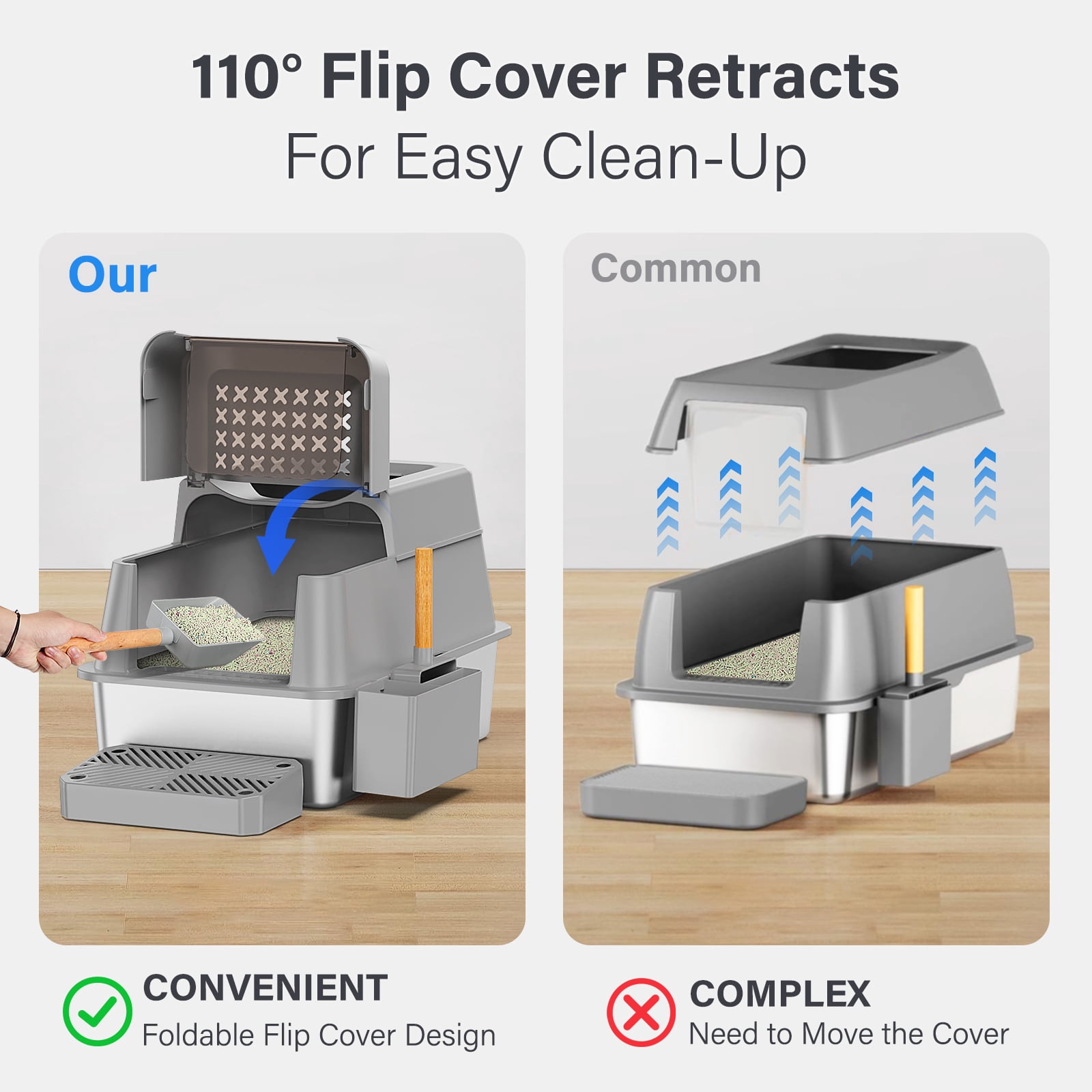 Aphyxen Stainless Steel Enclosed Cat Litter Box, Extra Large Top Entry with 110° Flip Cover & Pedal, Anti-Leakage, Grey