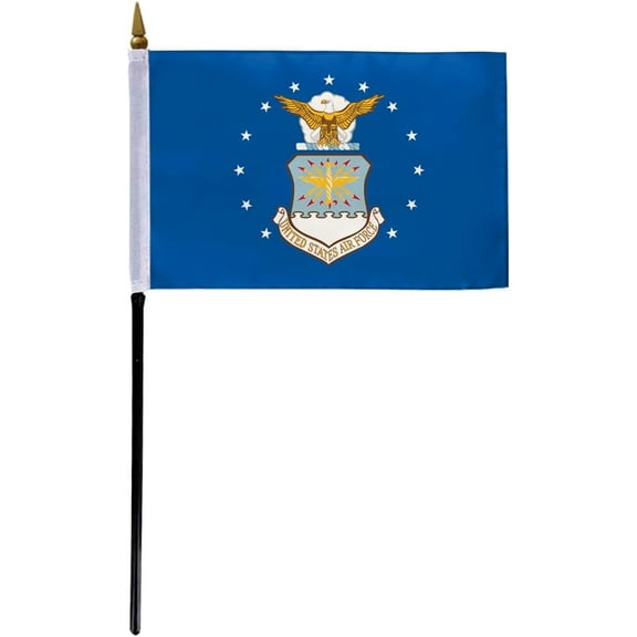 AGAS Air Force Stick Flag - 4 x 6 inch - Printed Single Sided Polyester - Stitched Edges - 11 inch Black Plastic Pole - US Military Stick Flag.