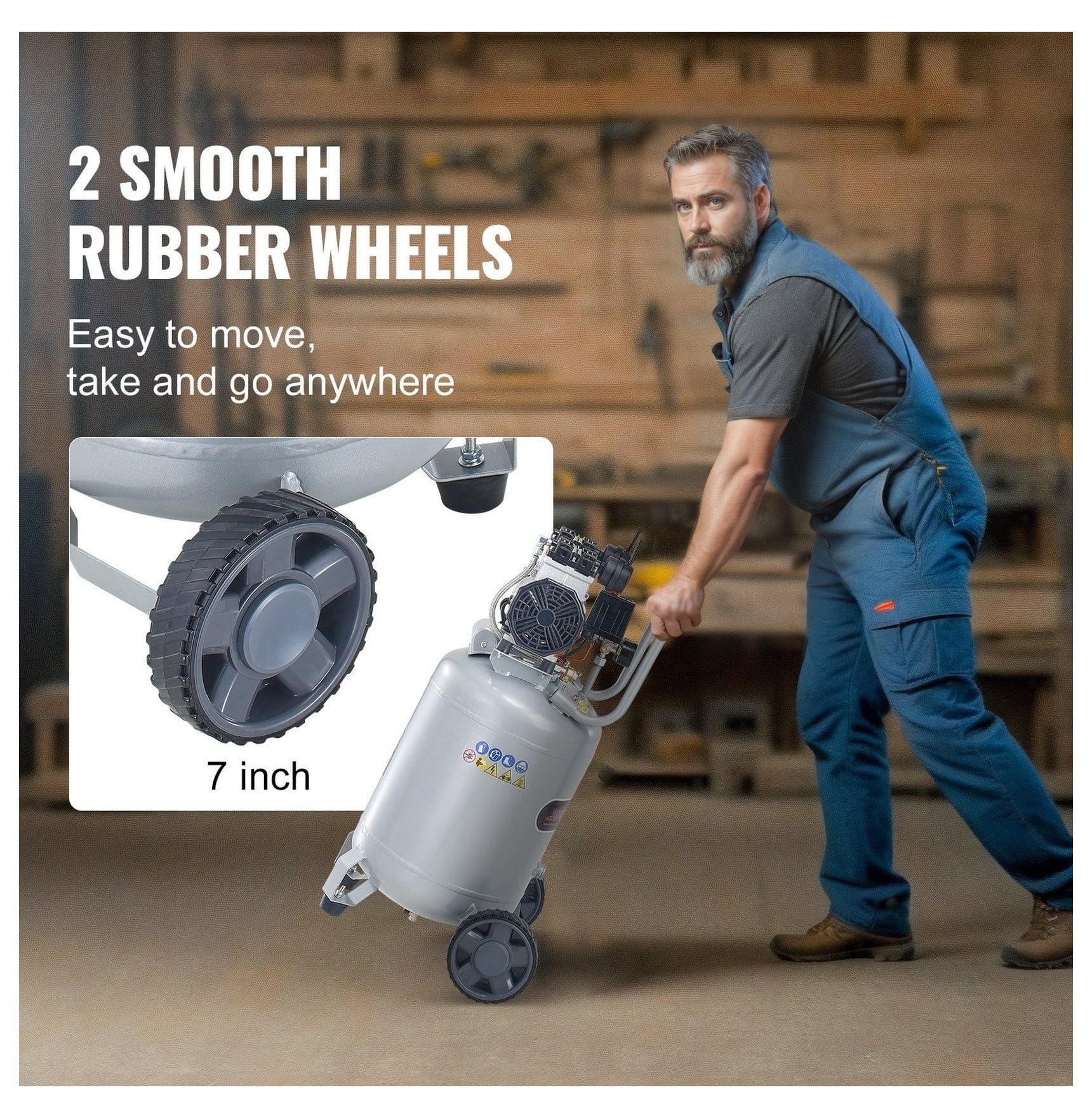 13 Gallon Air Compressor, 2HP Oil-Free, 4.6 SCFM@90PSI, 66dB Quiet, for Tire Inflation, Auto Repair, Woodworking, Spray Painting
