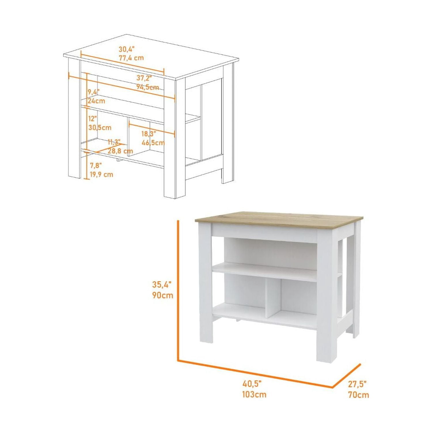 Phoenix 2 Piece Kitchen Set, Cala Kitchen Island + Napoles Utility Sink, White /Light Oak