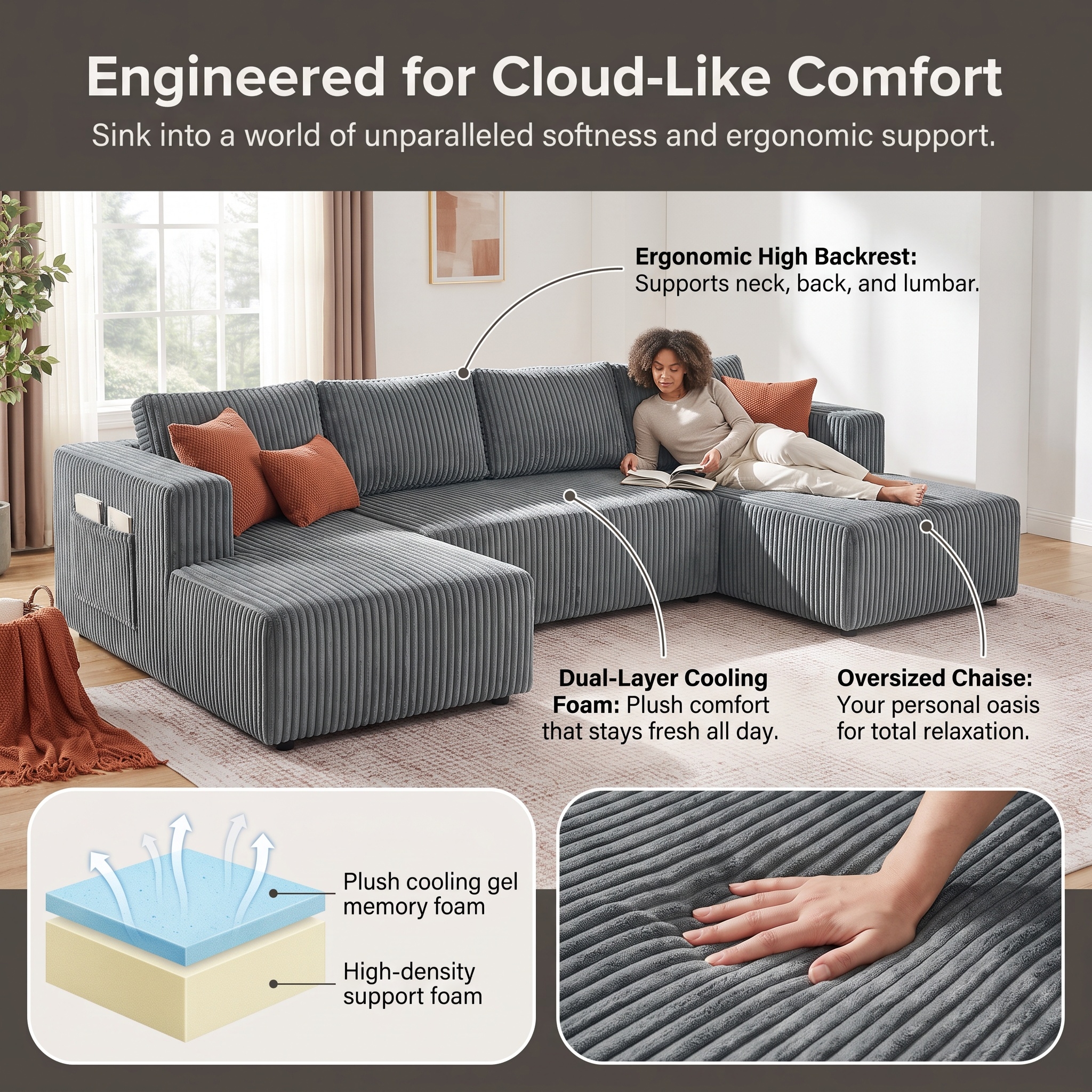 ShiKeyi 132.5" Modern U-Shaped Modular Sectional Sofa with Double Chaise, Corduroy Fabric Cloud Couch Set with Storage Pockets for Living Room, No Assembly Required, Drak Gray