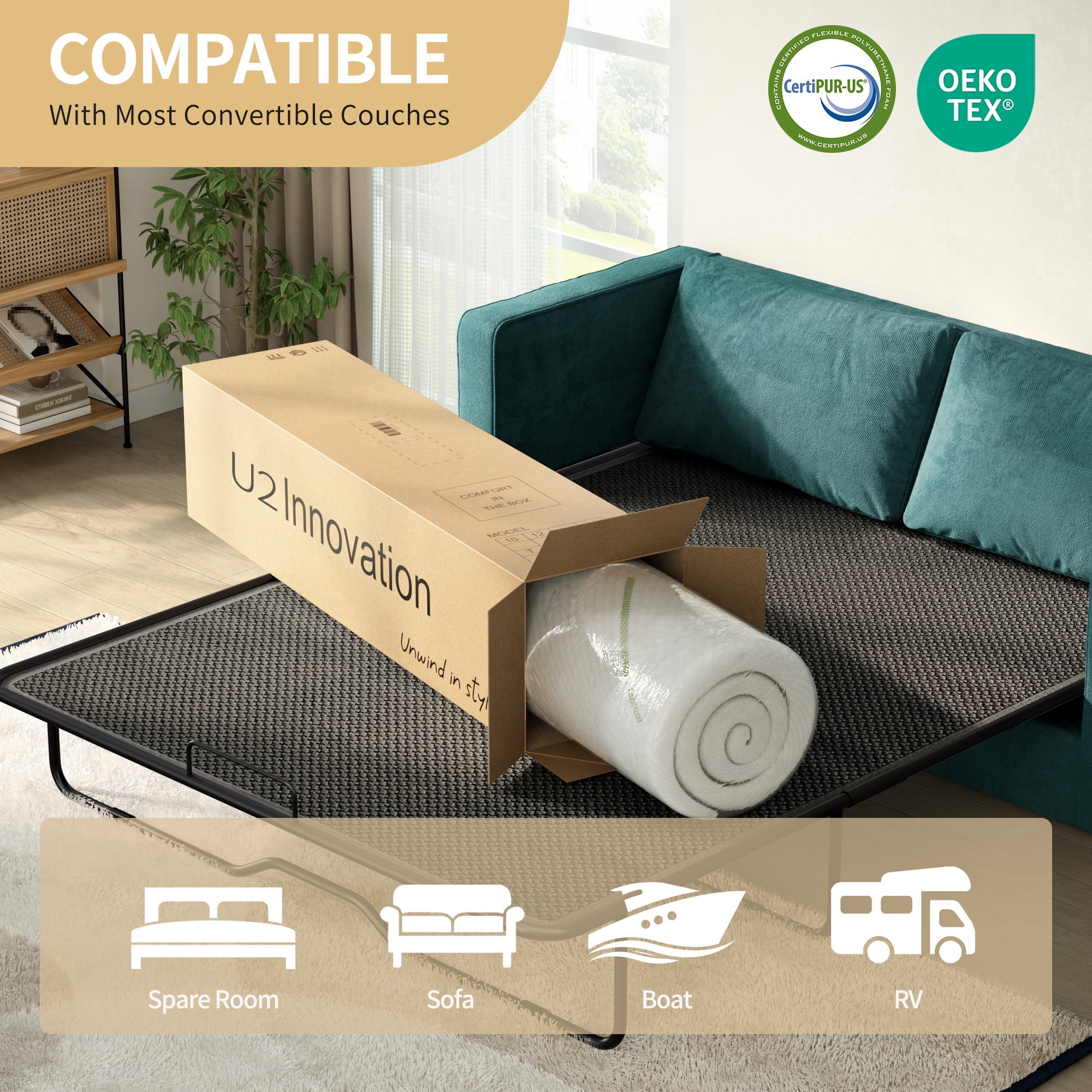 4-Inch Full Size Gel Memory Foam Replacement Mattress for Sleeper Sofa and Couch Beds, Breathable Washable Cover, Slip-Resistant Base for Convertible Sofa, CertiPUR-US Certified (Sofa Not Included)