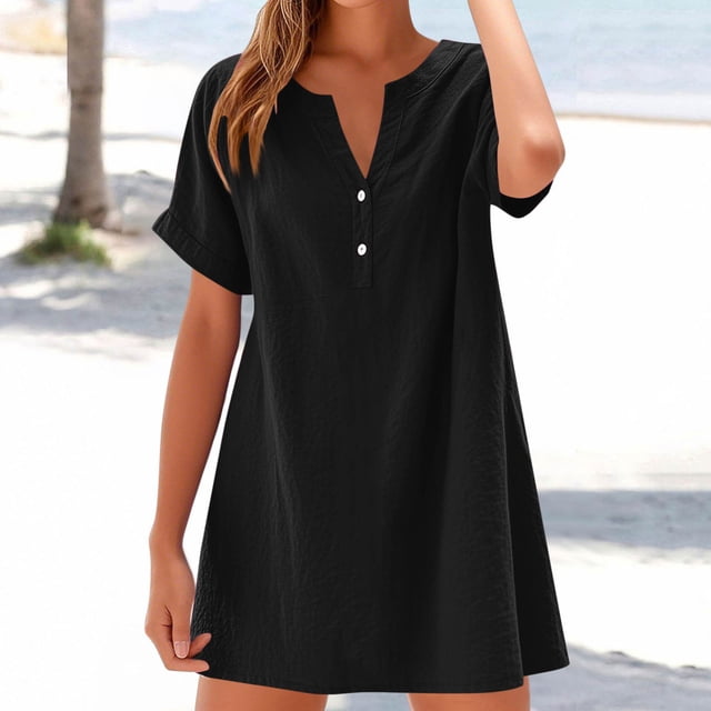 Liquidation d'Été 2025! Robe Grande Taille pour Femmes, Liquidation d'Été pour Femmes, Mode Femmes Décontractée Été Manches Courtes Col en V Robe à Boutons