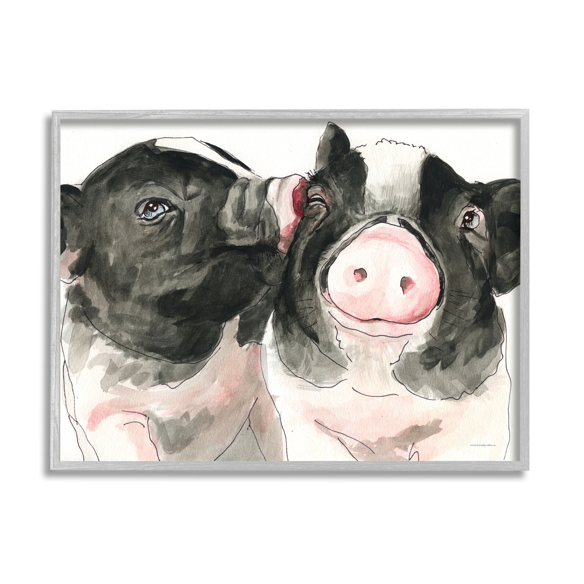 Stupell Industries Two Pigs Pink Snout Kiss Adorable Farm Animals Painting Gray Framed Art Print Wall Art, Design by Kamdon Kreations