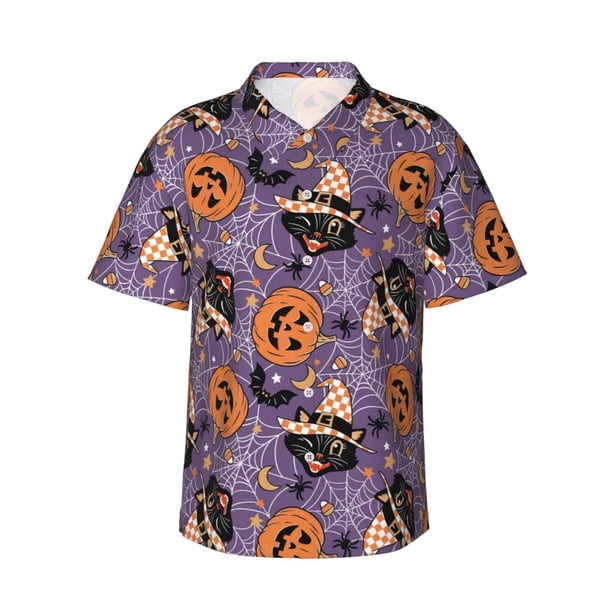 Fotbe Vintage Halloween Black Cat Camisa Hawaiana para Hombre Unisex – Camisa Casual de Verano con Botones de Manga Corta de Algodón y Lino,Large
