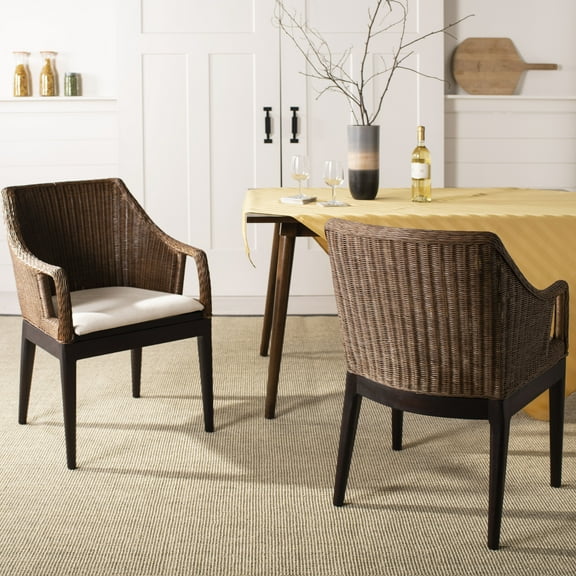 Safavieh Enrico Scandinavian Rattan and Wood Dining Arm Chairs, Brown/White