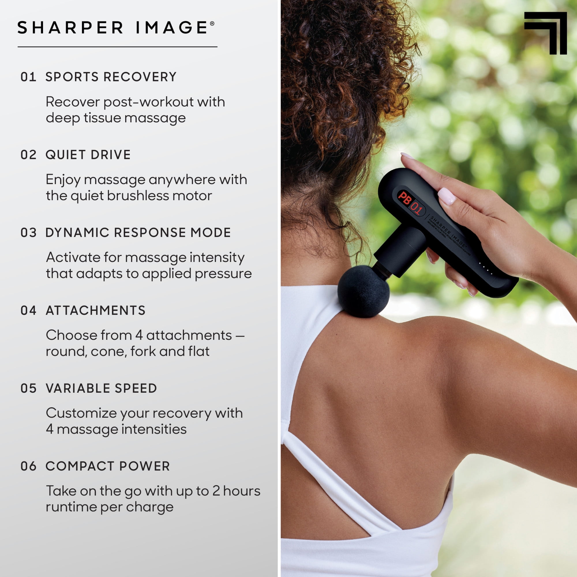 Sharper Image® Powerboost Move® Deep Tissue Portable Percussion Massager, Massage Gun w/ 4 Attachments, Whisper Quiet Operation, Variable Strength Full Body Recovery, Rechargeable