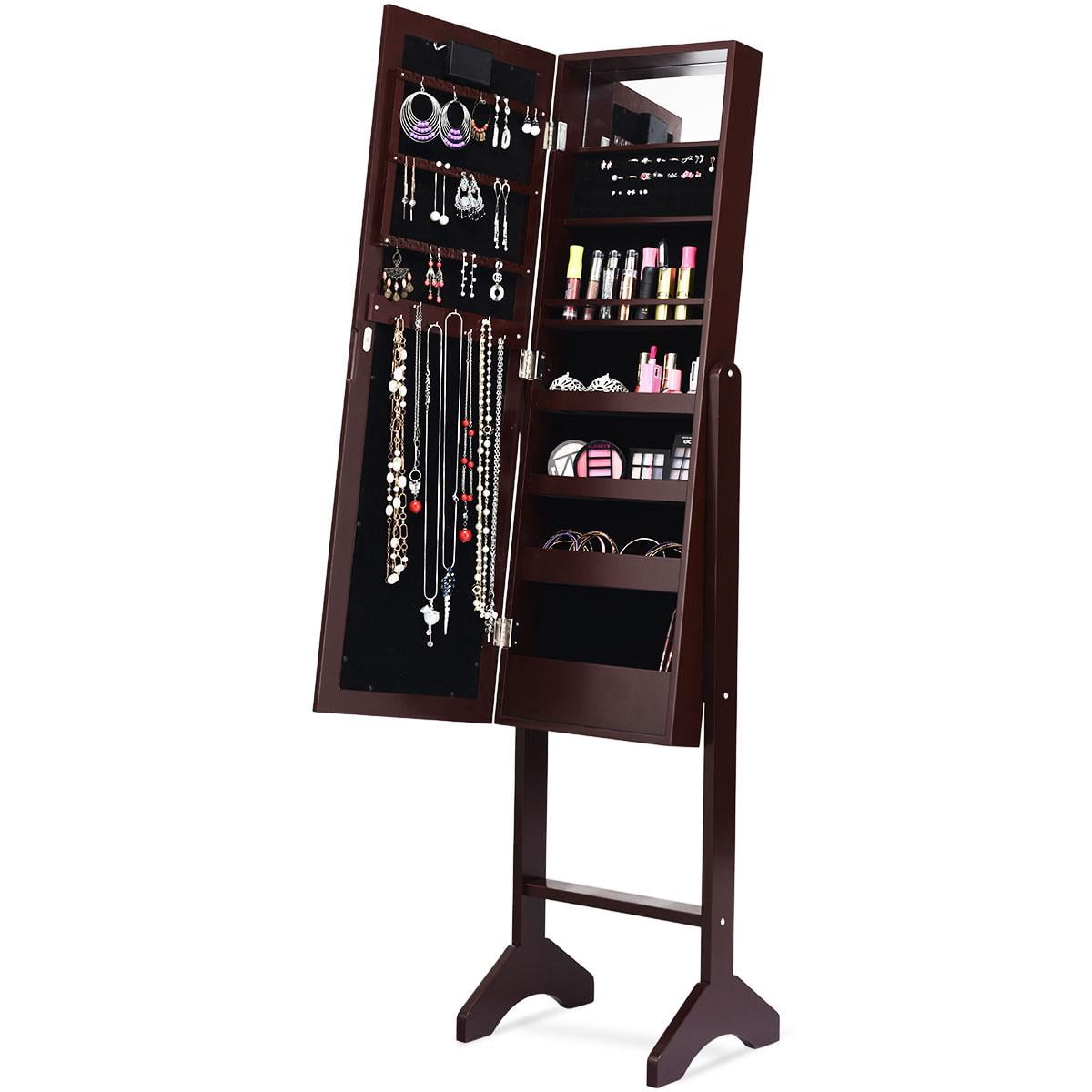 Giantex Jewelry Cabinet Box Armoire Organizer with 18 LED, Standing for Home Bedroom 16 Lipstick Holder 1 Inside Makeup Mirror Full Lights, Large Storage Mirrored Cabinets Jewelry Armoires (Brown)
