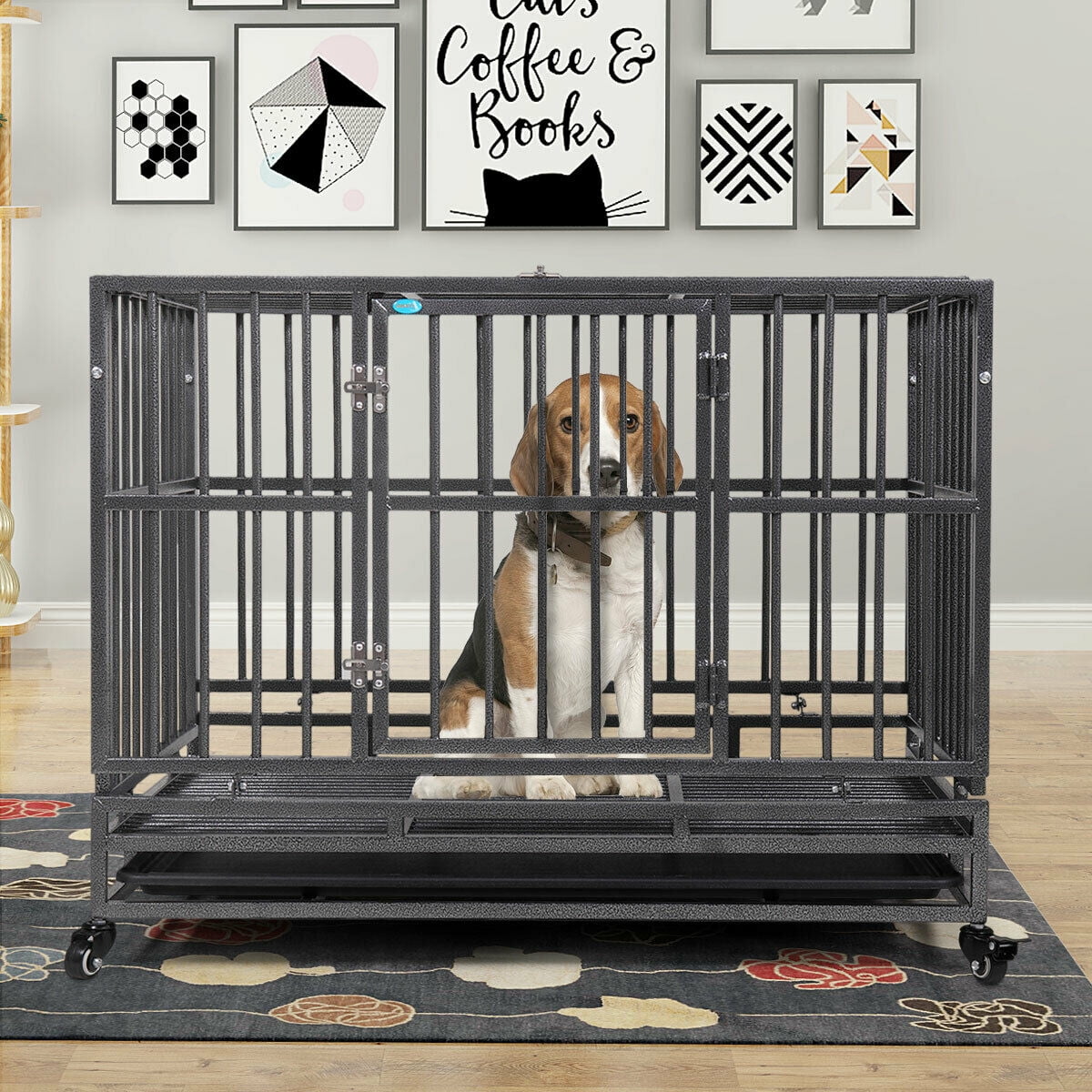 Veryke 37" Dog Crate, Heavy Duty Large Pet Dog Kennel for Small / Large Dogs, Metal Pet Playpen Dog Cage w/ Tray Wheels, Black, Flat Roof Veryke 37" Dog Crate, Heavy Duty Large Pet Dog Kennel for Small / Large Dogs, Metal Pet Playpen Dog Cage w/ Tray Wheels, Black, Flat Roof