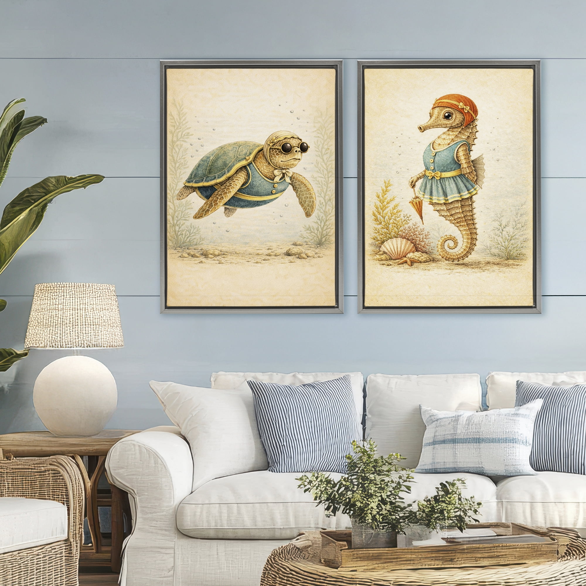 Stupell Industries Vintage Maritime Bathing Animals 2 Piece Gray Framed Floater Canvas Set, design by Grotto Studios