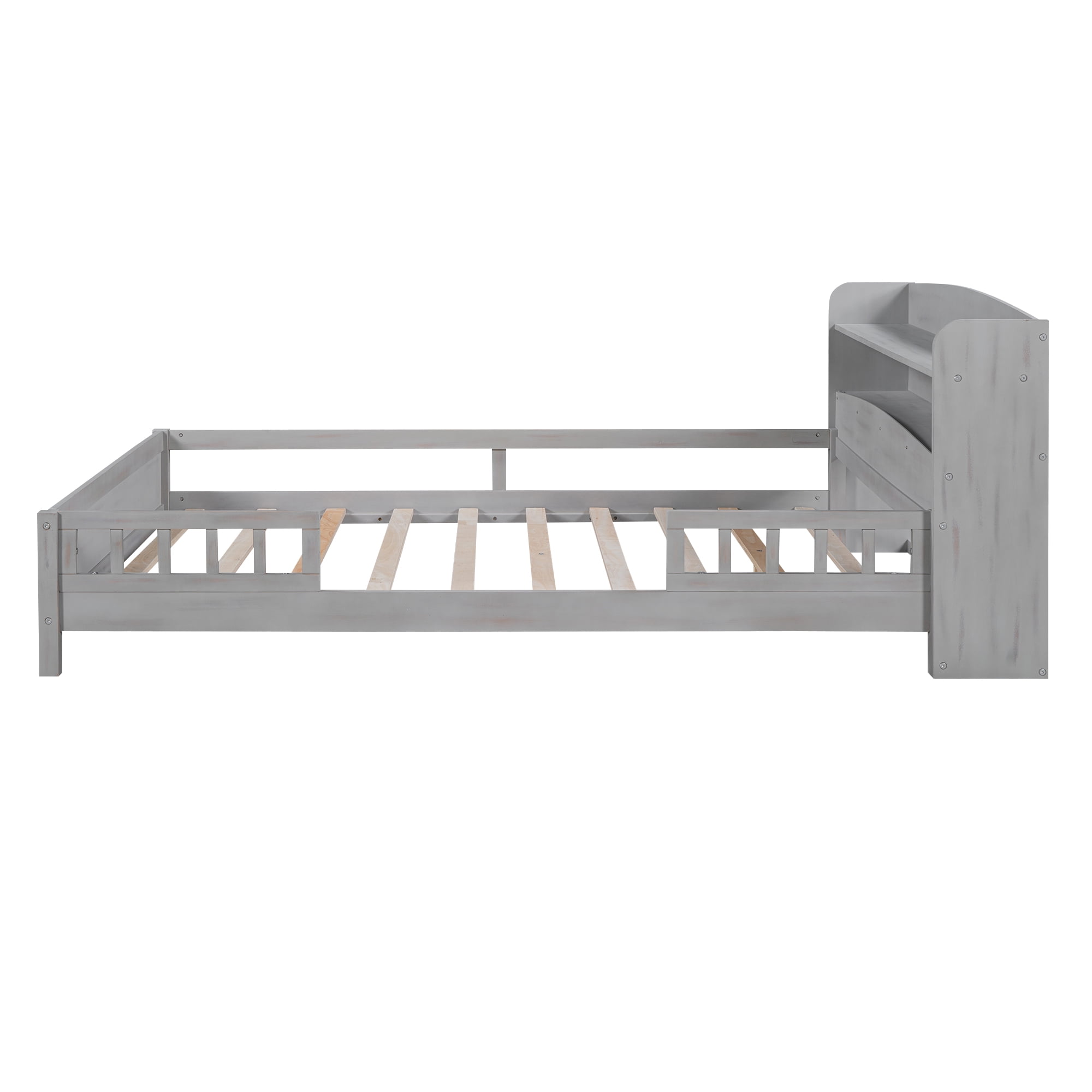 Sailvan Full Wood Platform Bed Frame with LED Light and Storage Headboard Antique Gray