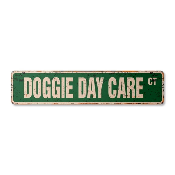 DOGGIE DAY CARE Vintage Plastic Street Sign pet dog sitter animal care | Indoor/Outdoor | 24" Wide