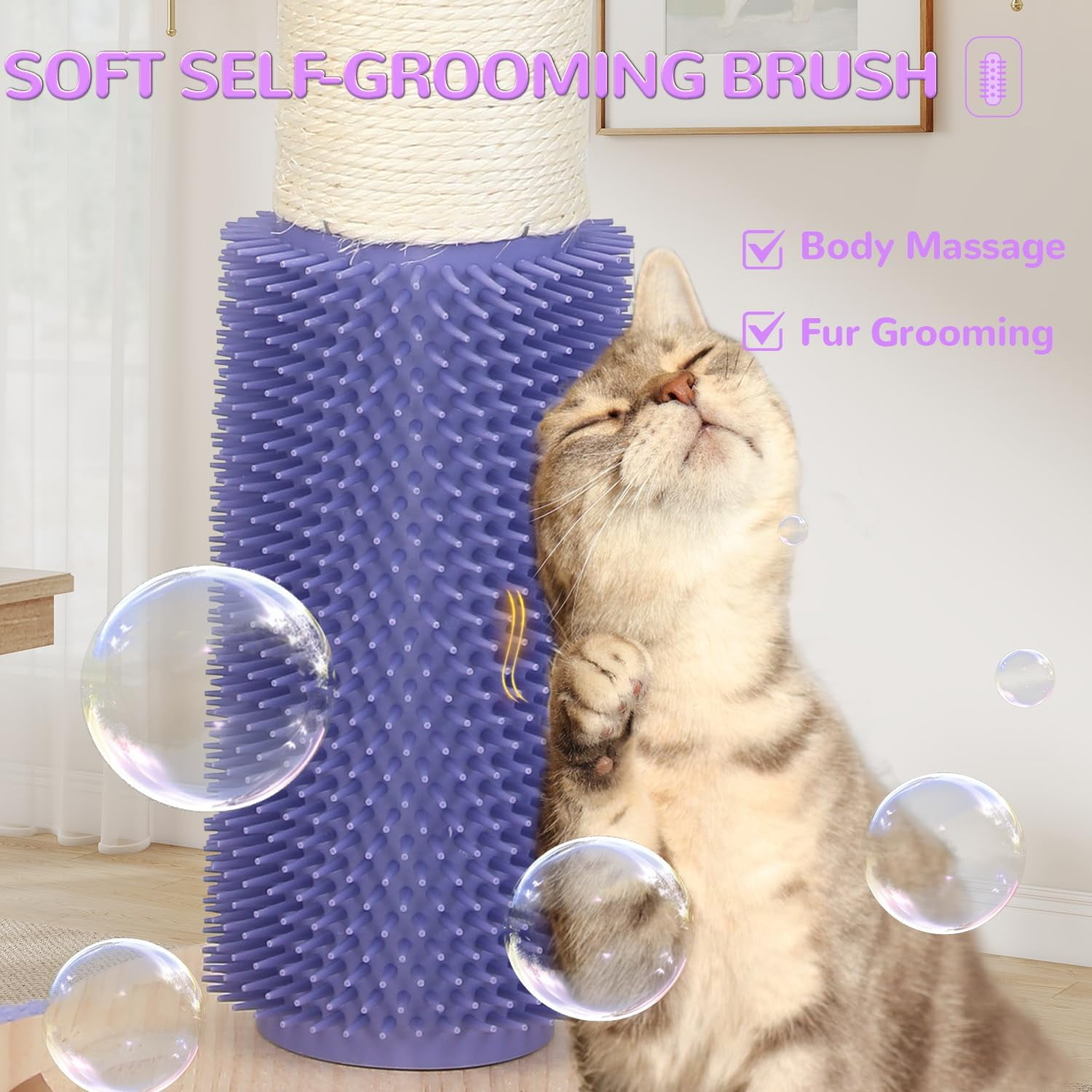Gothic Black Cat Scratching Post with Sisal Rope, Interactive Ball Toys, and Self-Groomer Brush for Large Indoor Cats
