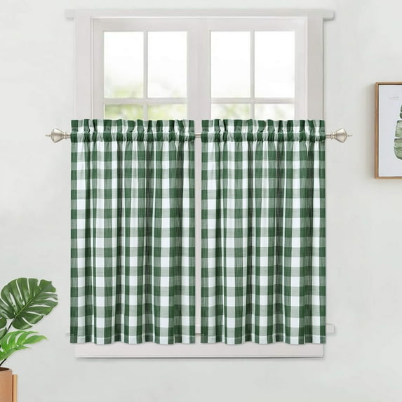 Kitchen Short Curtain, Buffalo Plaid Thick Yarn Dyed Gingham Half Curtain Valance